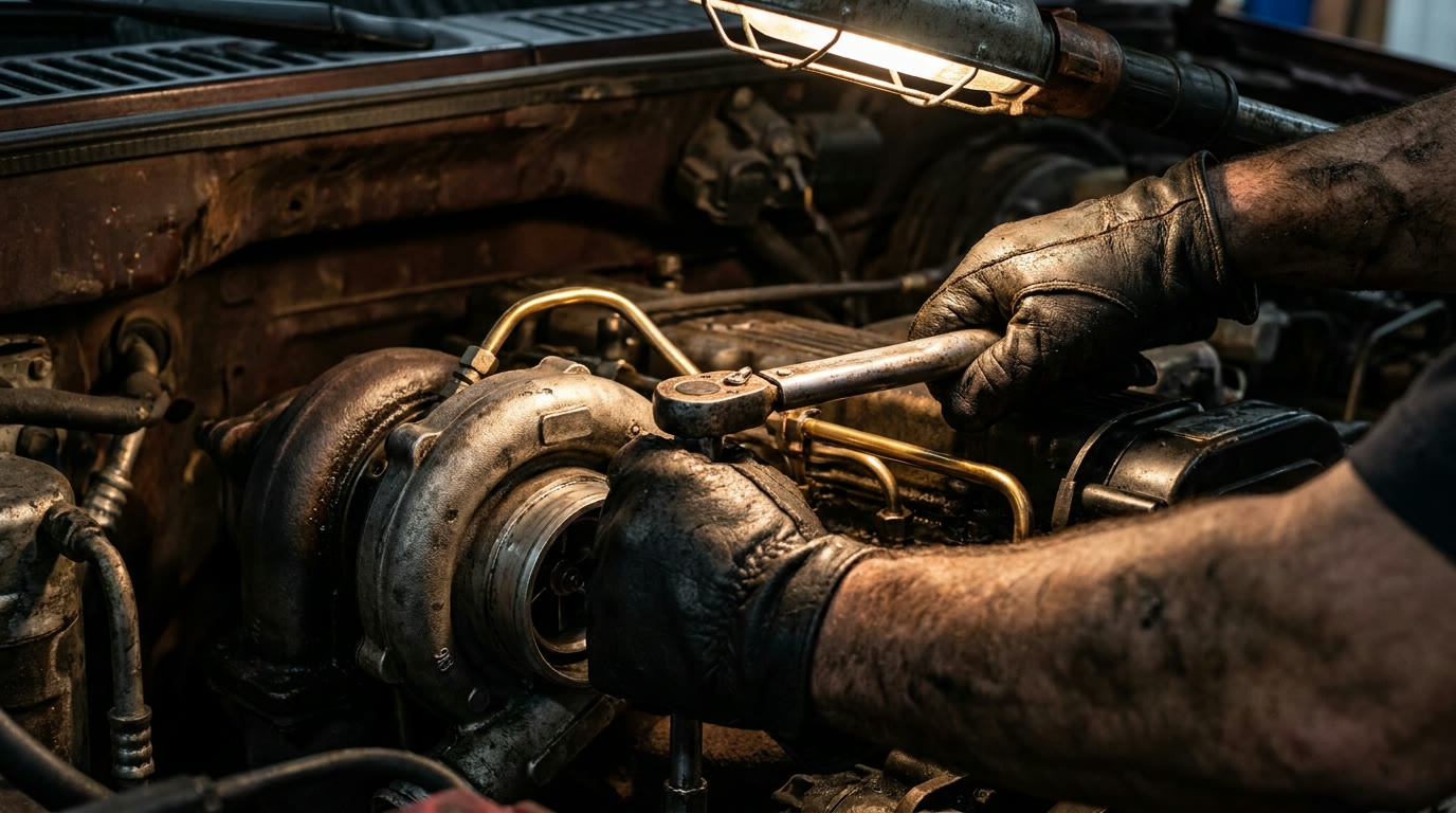 Close-up of a diesel mechanic's gloved hands working on a turbocharger inside an open engine bay