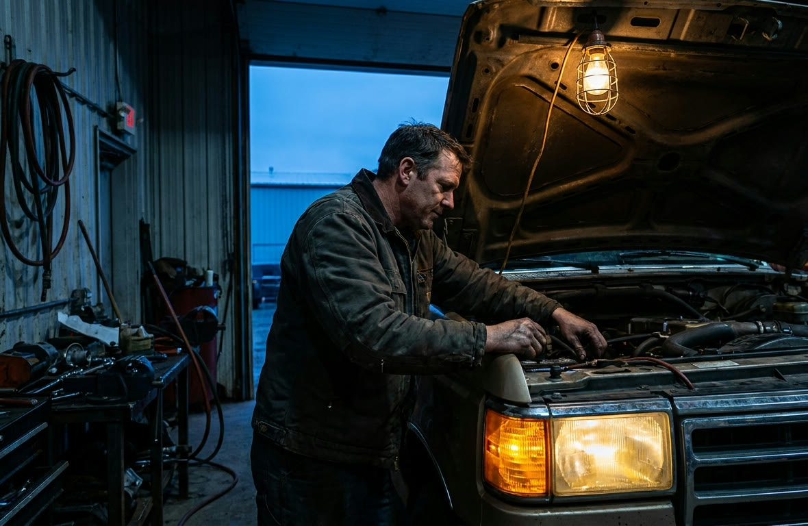 A diesel mechanic working at the open hood of a heavy-duty diesel pickup truck inside a dim industrial garage bay